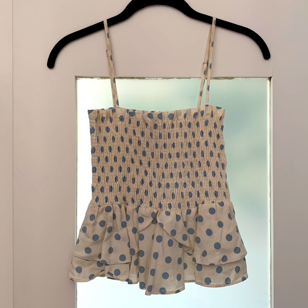 Zara Smocked Polka Dot Peplum Top